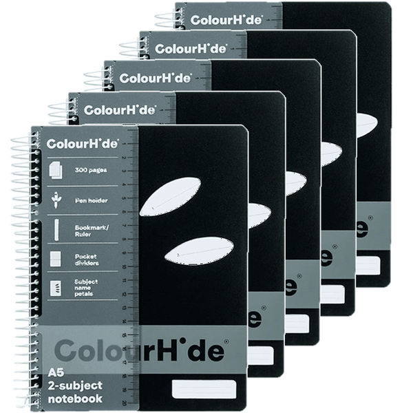 5 Pack Colourhide 2-Subject Notebook 300 Page A5 Black 1717302J (5 Pack) - SuperOffice