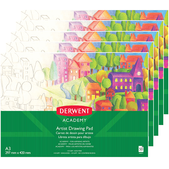 5 Pack Derwent Academy Artist Drawing Pad Paper Landscape A3 50 Sheet R310480 (5 Books) - SuperOffice