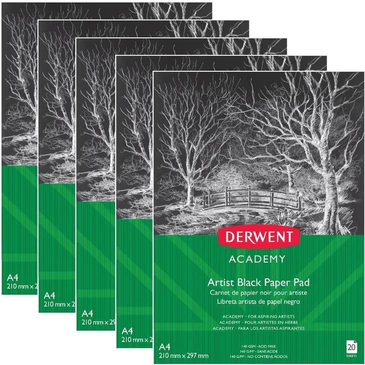 5 Pack Derwent Academy Black Paper Pad Portrait 20 Sheets A4 140gsm R31245F (5 Pack) - SuperOffice