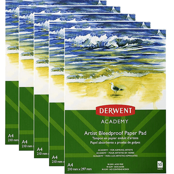 5 Pack Derwent Academy BleedProof Paper Pad Portrait 50 Sheets A4 Artists R31340F (5 Pack) - SuperOffice