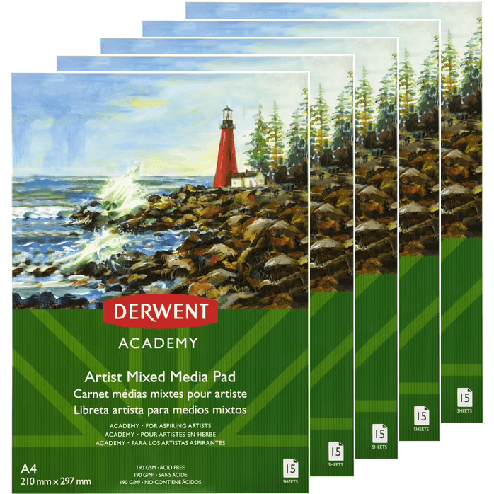 5 Pack Derwent Academy Mixed Media Pad Portrait 15 Sheets A4 Artists R31350F (5 Pack) - SuperOffice