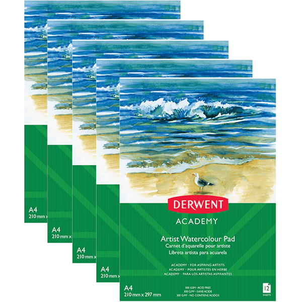 5 Pack Derwent Academy Watercolour Pad Portrait 12 Sheets A4 R31220F (5 Pack) - SuperOffice