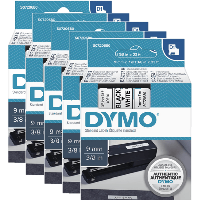 5 Pack Dymo 40913 D1 Labelling Tape Label 9mmx7m Black On White S0720680 (5 Pack) - SuperOffice