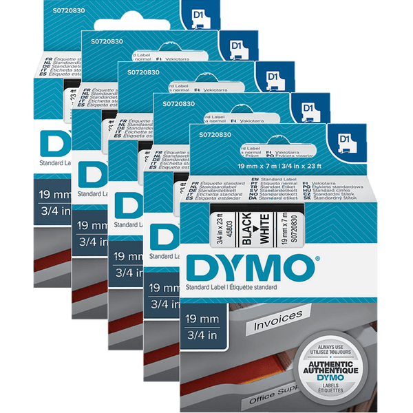 5 Pack Dymo 45803 D1 Labelling Tape 19mmx7m Black On White S0720830 (5 Pack) - SuperOffice