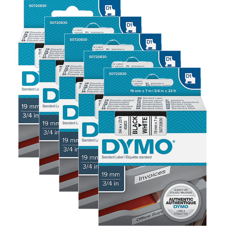 5 Pack Dymo 45803 D1 Labelling Tape 19mmx7m Black On White S0720830 (5 Pack) - SuperOffice