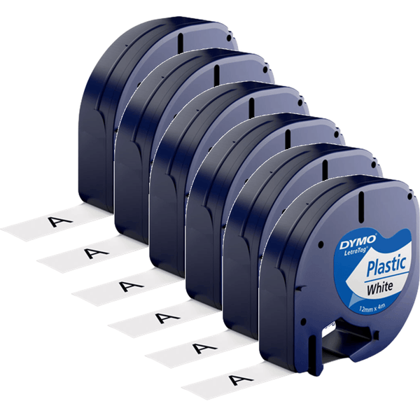 5 Pack Dymo 91331 Letratag Plastic Labelling Tape Refill 12mm Black On White 91331 (5 Pack) - SuperOffice
