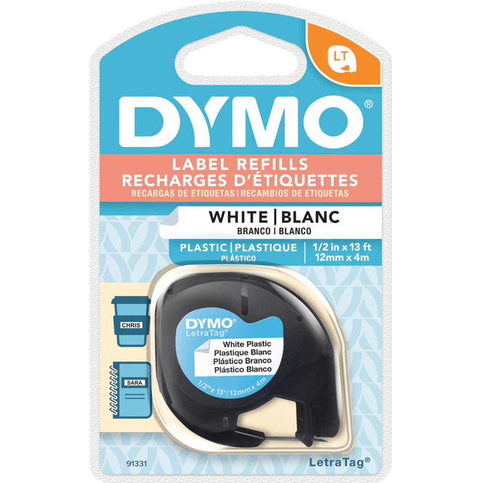 5 Pack Dymo 91331 Letratag Plastic Labelling Tape Refill 12mm Black On White 91331 (5 Pack) - SuperOffice