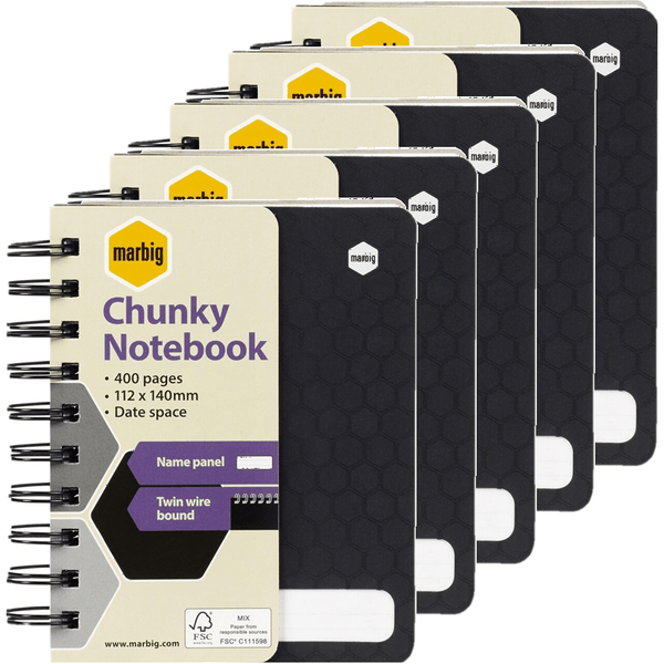 5 Pack Marbig Chunky Notebook 400 Page 112x140mm Compact Small Black 17190F (5 Pack) - SuperOffice