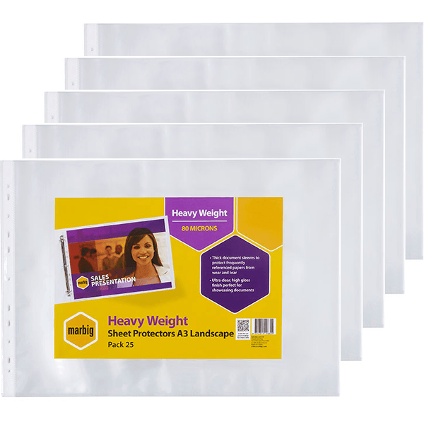 5 Pack Marbig Deluxe Copysafe Sheet Protectors Plastic Sleeves Landscape A3 Pack 25 25111S (5 Pack) - SuperOffice
