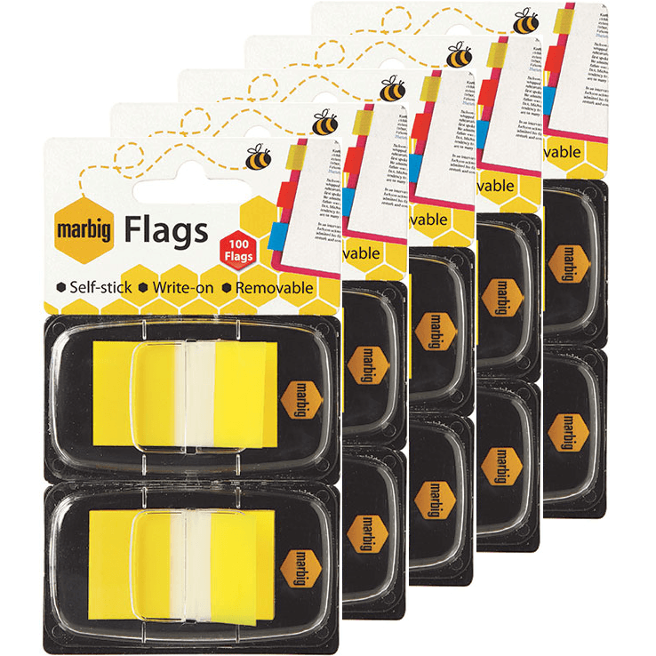 5 Pack Marbig Flags Pop-Up Tabs Sticky Flags 25x44mm Yellow Pack 100 Bulk 1813505 (5 Pack) - SuperOffice