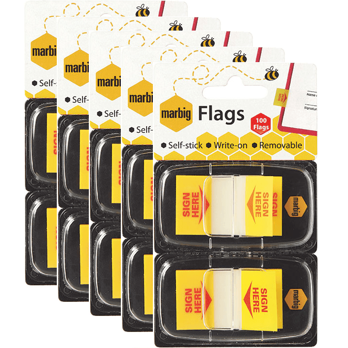 5 Pack Marbig Flags Sign Here 100 Flags Stickers Tabs Yellow [500 Total] 18136 (5 Packs of 100) - SuperOffice