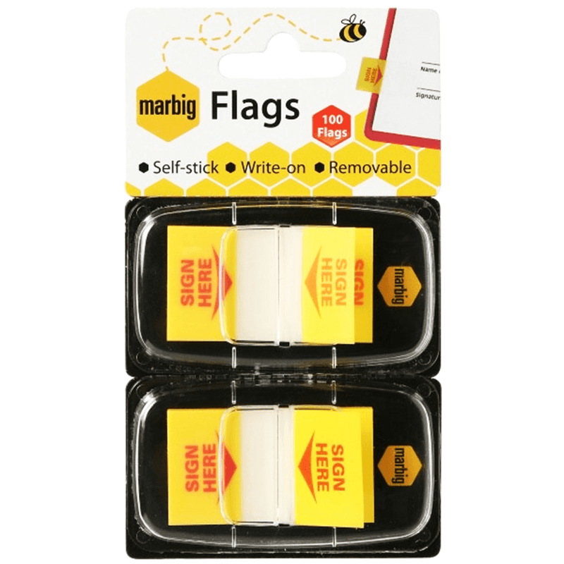 5 Pack Marbig Flags Sign Here 100 Flags Stickers Tabs Yellow [500 Total] 18136 (5 Packs of 100) - SuperOffice
