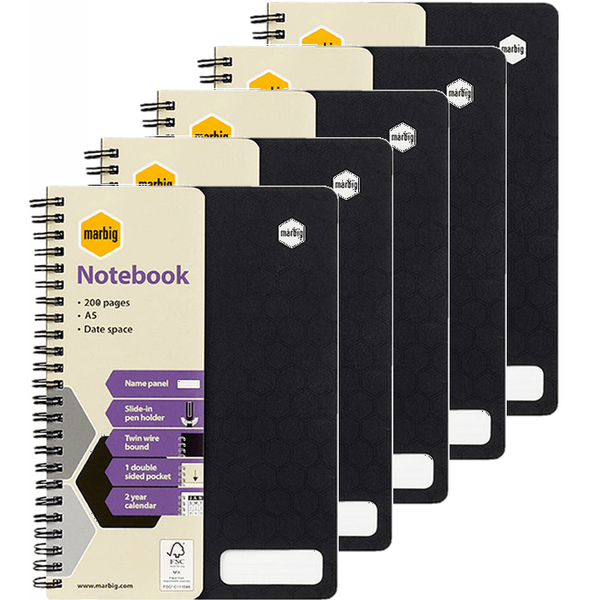 5 Pack Marbig Notebook Wiro Bound A5 100 Leaf Black 17186F (5 Pack) - SuperOffice