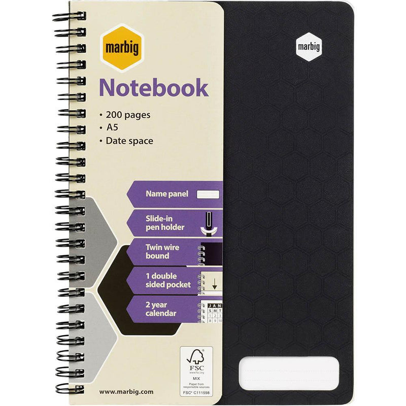 5 Pack Marbig Notebook Wiro Bound A5 100 Leaf Black 17186F (5 Pack) - SuperOffice