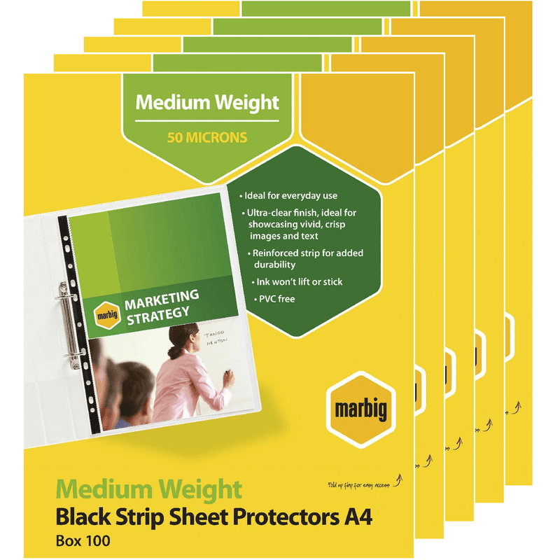 5 Pack Marbig Sheet Protectors Black Edge Strip A4 Box 100 Sheets 25102 (5 Pack) - SuperOffice