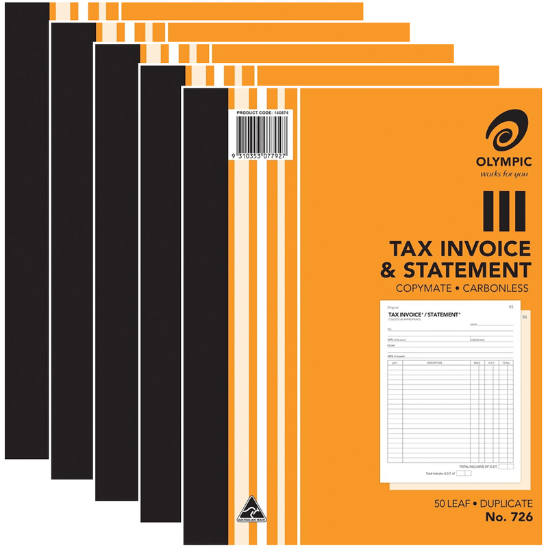5 Pack Olympic 726 Duplicate Tax Invoice & Statement Book Carbonless Bulk 140874 (5 Pack) - SuperOffice