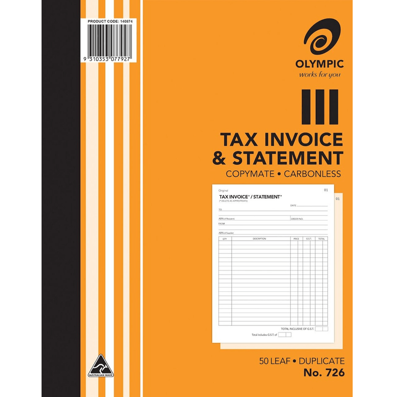 5 Pack Olympic 726 Duplicate Tax Invoice & Statement Book Carbonless Bulk 140874 (5 Pack) - SuperOffice