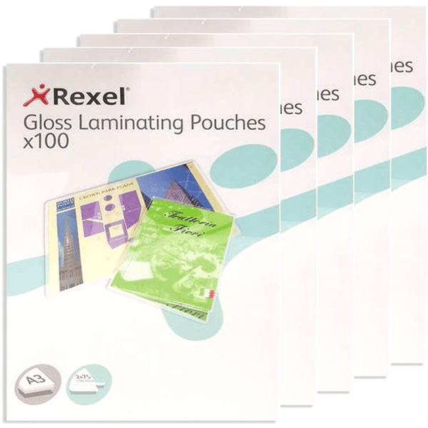 5 Pack Rexel Laminating Pouch 75 Micron A3 Clear Pack 100 Pouches 41616 (5 Pack) - SuperOffice