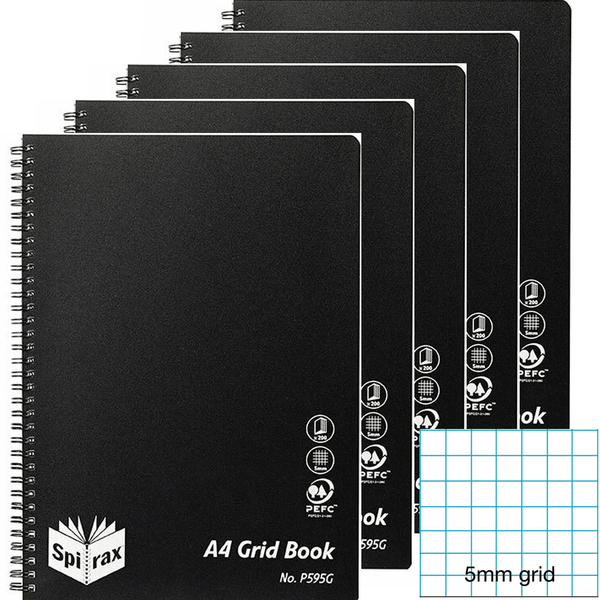 5 Pack Spirax P595G Grid Book 5mm Grid 200 Pages A4 Black 5659500 (5 Pack) - SuperOffice