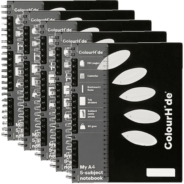 5x Colourhide My 5-Subject Hardcover Notebook 250 Page A4 Black 1719602J (Pack of 5) - SuperOffice