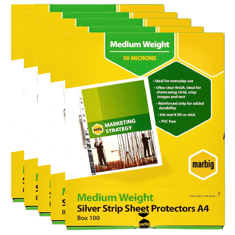 5x Marbig Deluxe Sheet Protectors Silver Strip A4 Box 100 Bulk 25101 (5 Pack) - SuperOffice