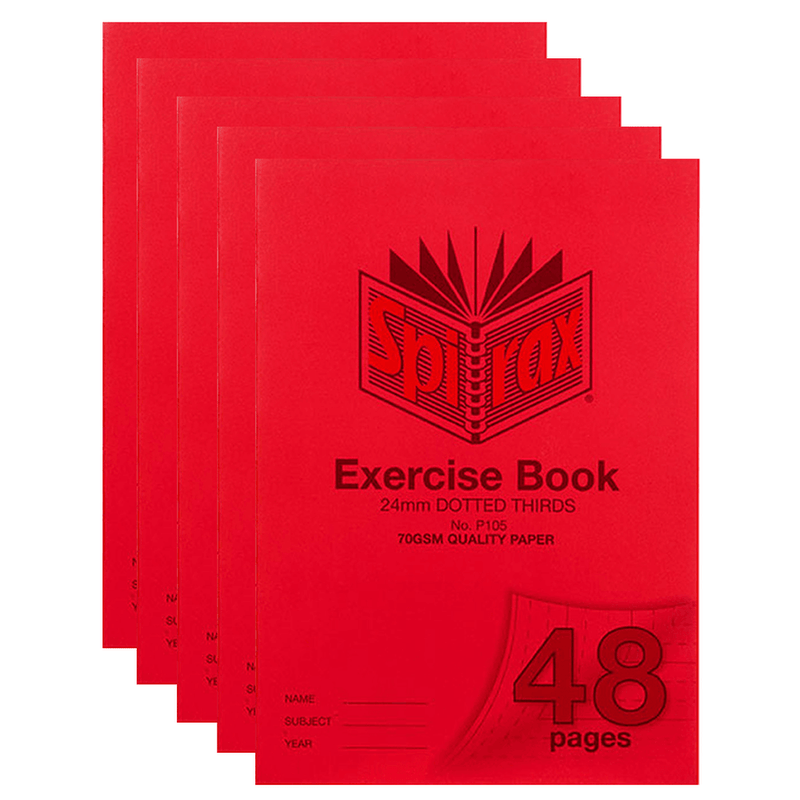 5x Spirax P105 Exercise Book Dotted Thirds 24mm 70Gsm 48 Page A4 Red 56105P - SuperOffice