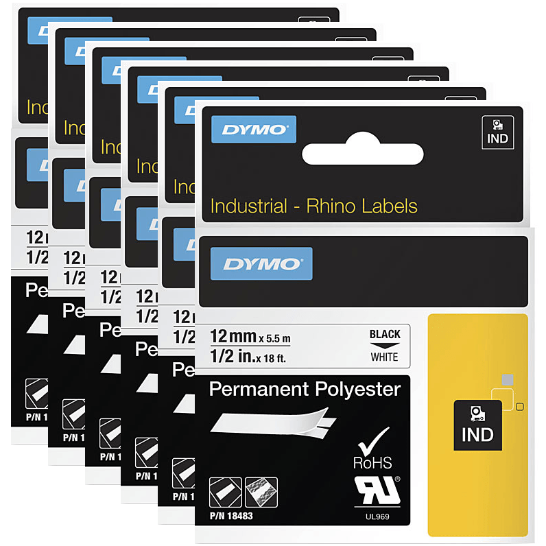 6 Pack Dymo 18483 Rhino Industrial Tape Permanent Polyester 12mm Black On White 18483 (6 Pack) - SuperOffice