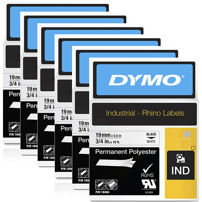6 Pack Dymo 18484 Rhino Industrial Tape Permanent Polyester 19mm Black On White 18484 (6 Pack) - SuperOffice