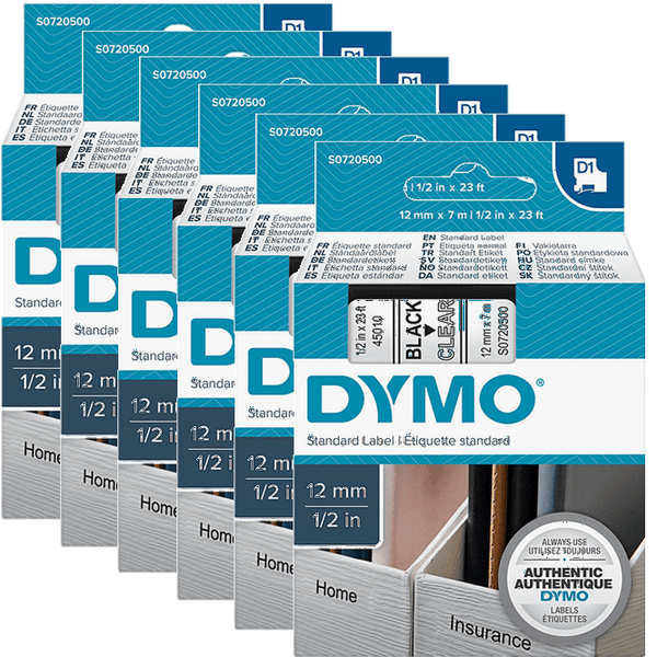 6 Pack Dymo 45010 D1 Labelling Tape 12mmx7m Black On Clear Cartridge Cassette S0720500 (6 Pack) - SuperOffice