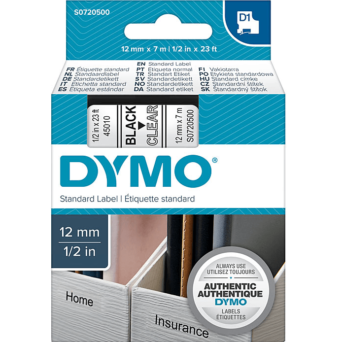 6 Pack Dymo 45010 D1 Labelling Tape 12mmx7m Black On Clear Cartridge Cassette S0720500 (6 Pack) - SuperOffice