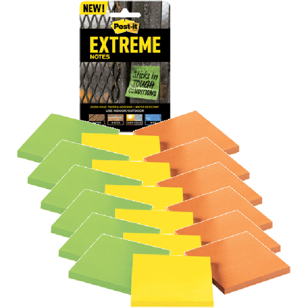 6 Packs Post-It Extreme Notes 76x76mm Orange/Green/Yellow 3 Pads Super Sticky Water Resistant 70007012068 (6 Packs of 3) - SuperOffice