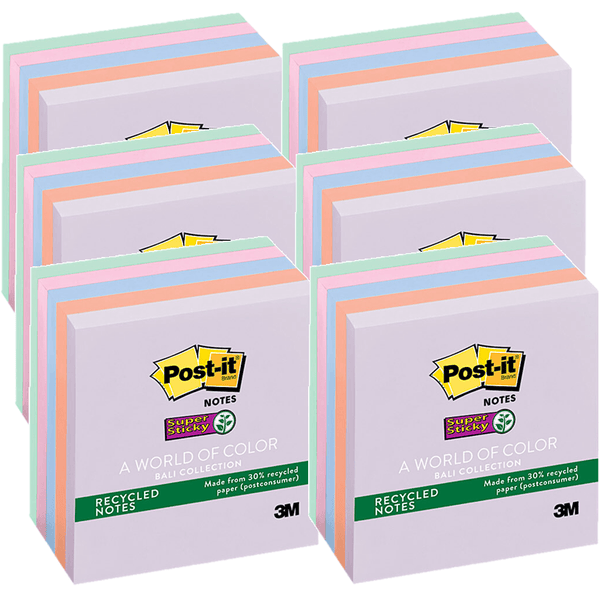 6 Packs Post-It Notes Recycled Super Sticky 76x76mm Bali Pastel Colours 5 Pads 70005250496 (6 Packs of 5 Pads) - SuperOffice