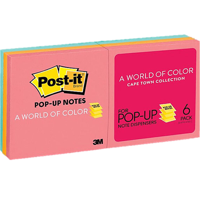 6 Packs Post-It Pop-Up Notes For Dispenser 76x76mm Capetown Colours 6 Pads BULK 70005248599 (6 Packs) - SuperOffice