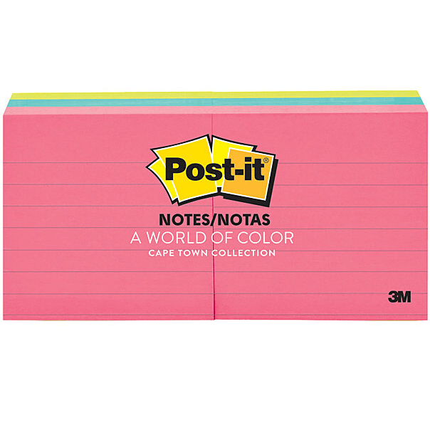 6 Packs Post-It Ruled Lines Notes 73x73mm Capetown Assorted Colours Pack 6 Pads 70005249068 (6 Packs of 6 Pads) - SuperOffice