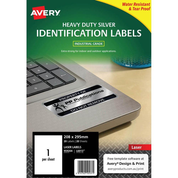 Avery 959204 L6013 Heavy Duty Laser Labels Silver 1 UP Per Page Pack 20 959204 - SuperOffice