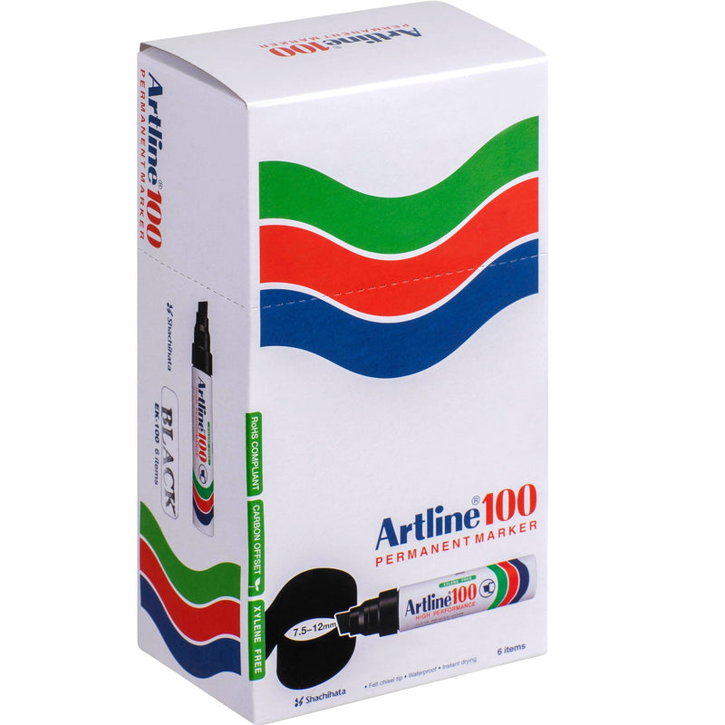 Artline 100 Permanent Marker 12mm Chisel Nib Black Box 6