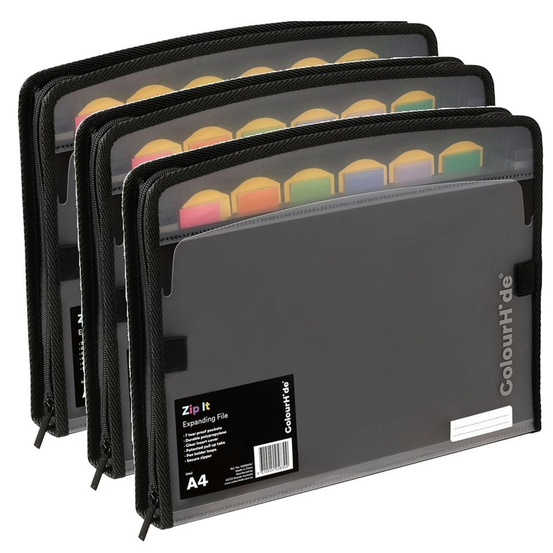 3 Pack Colourhide Zipit PP Expanding File Folder 7 Pocket A4 Black