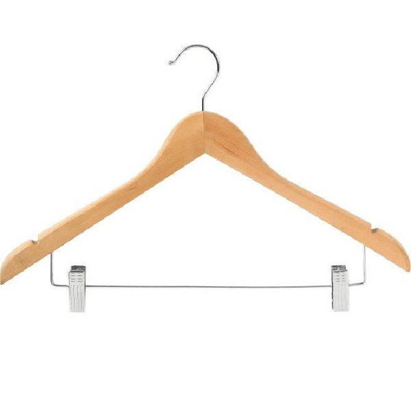 Compass Classic Wood Standard Hook Clothes Coat Hanger With Clips Pack 100 Bulk 59126 (100 Pack) - SuperOffice