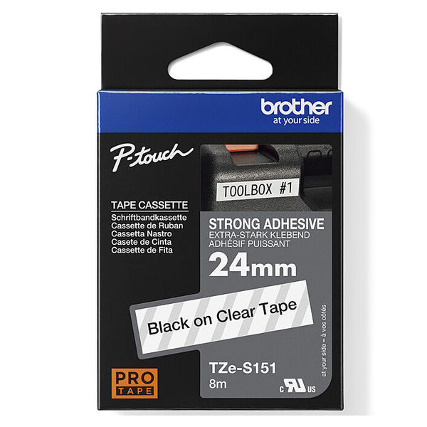 Brother TZE-S151 Strong Adhesive Labelling Tape 24mm Black On Clear