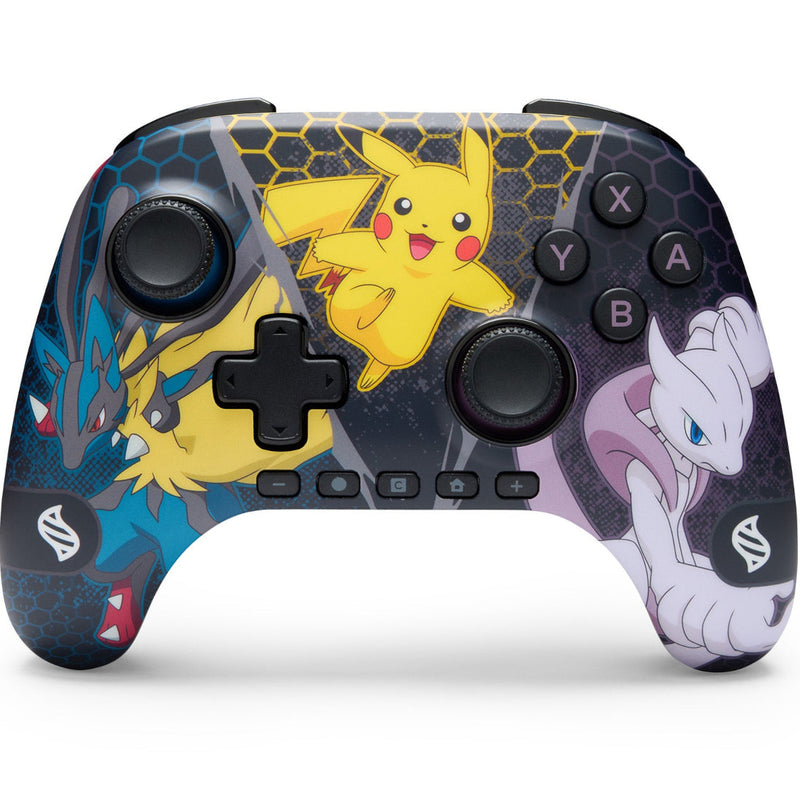 Gaming controller with Pikachu and Lucario and Mewtwo design on a white background