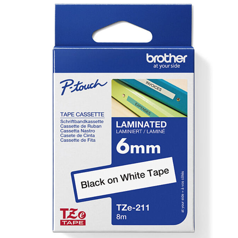 Brother TZE-211 Laminated Labelling Tape 6mm Black On White