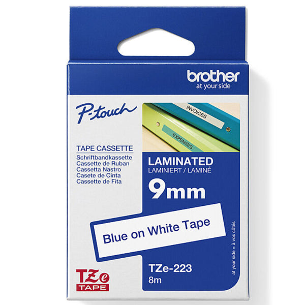 Brother TZE-223 Laminated Labelling Tape 9mm Blue On White