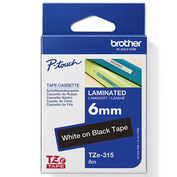Brother TZE-315 Laminated Labelling Tape 6mm White On Black
