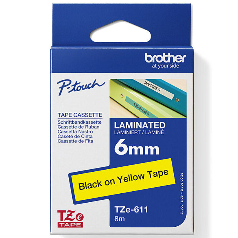 Brother TZE-611 Laminated Labelling Tape 6mm Black On Yellow