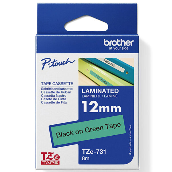 Brother TZE-731 Laminated Labelling Tape 12mm Black On Green