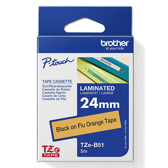 Brother TZE-B51 Laminated Labelling Tape 24mm Black On Fluoro Orange