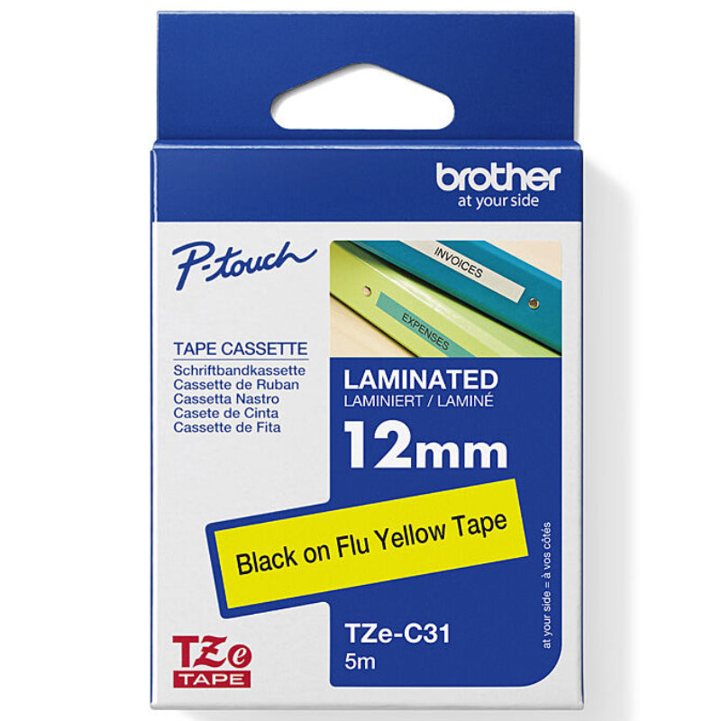 Brother TZE-C31 Laminated Labelling Tape 12mm Black On Fluoro Yellow