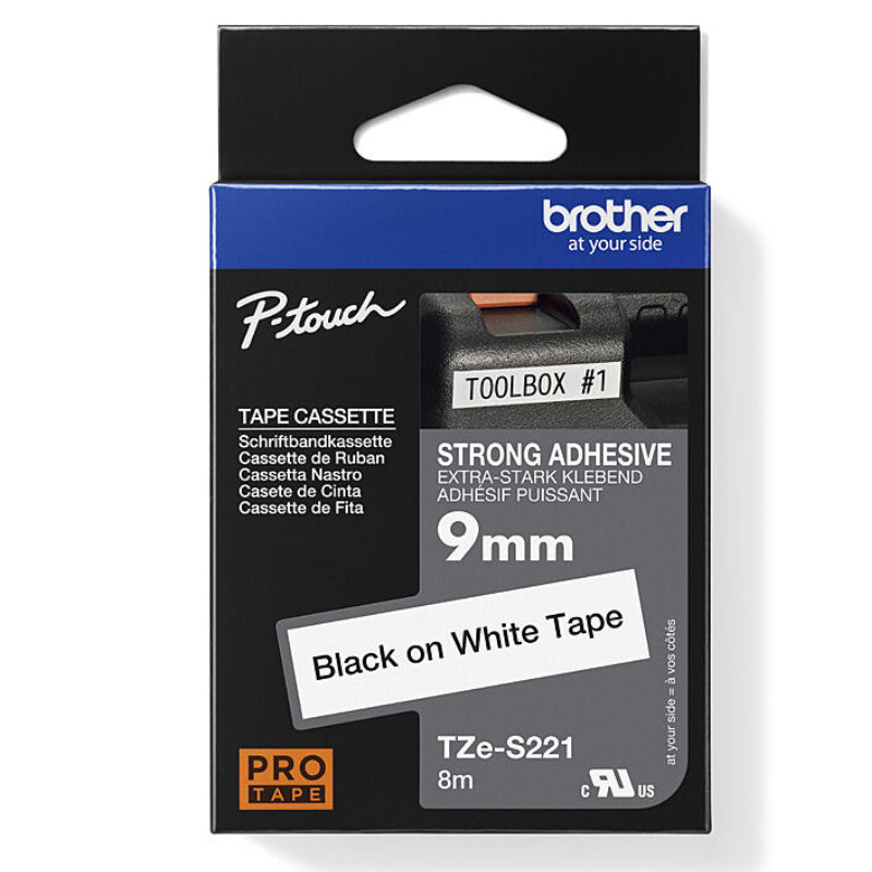 Brother TZE-S221 Strong Adhesive Tape 9mm Black On White