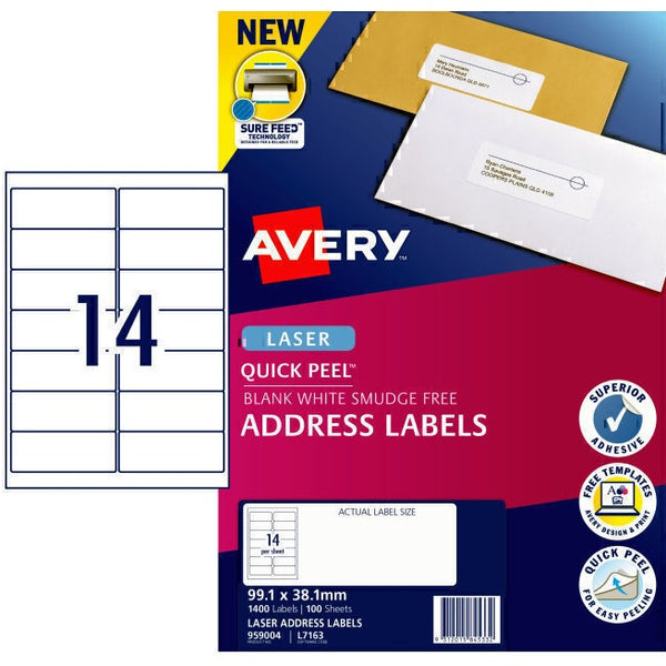 Avery 959004 L7163 Quick Peel Address Label Sure Feed Laser 14/Page White Pack 100