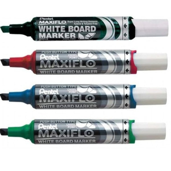 Pentel Maxiflo Whiteboard Marker Chisel Point 7Mm Assorted Wallet 4
